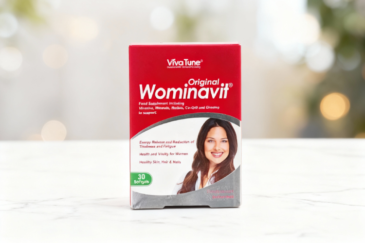 قرص ومیناویت اورجینال برای سلامت بانوان روی سطح مرمر سفید